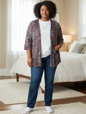 Catherines Burgundy Paisley Open-Front Cardigan 4X 30/32W